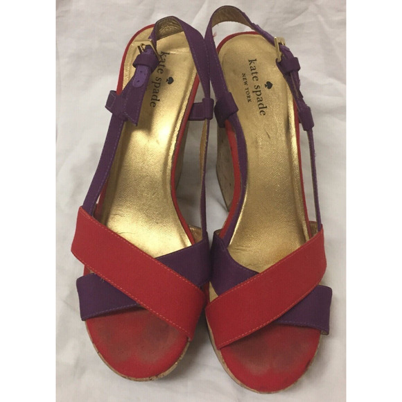 KATE SPADE New York Cork Wedge Red Purple Slingbacks Sz 7.5 M - Picture 3 of 6